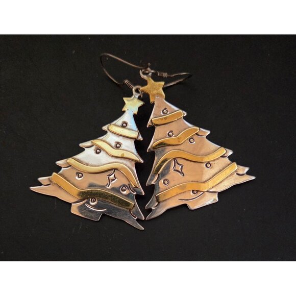 Earrings Sterling Silver & Brass Christmas Tree Star Top Dangle Vintage 14g - Picture 2 of 8